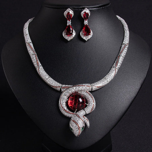 Luxury Snake Design Zircon Necklace & Earrings Jewellery Set — Purple, Red, Green & White Pearl