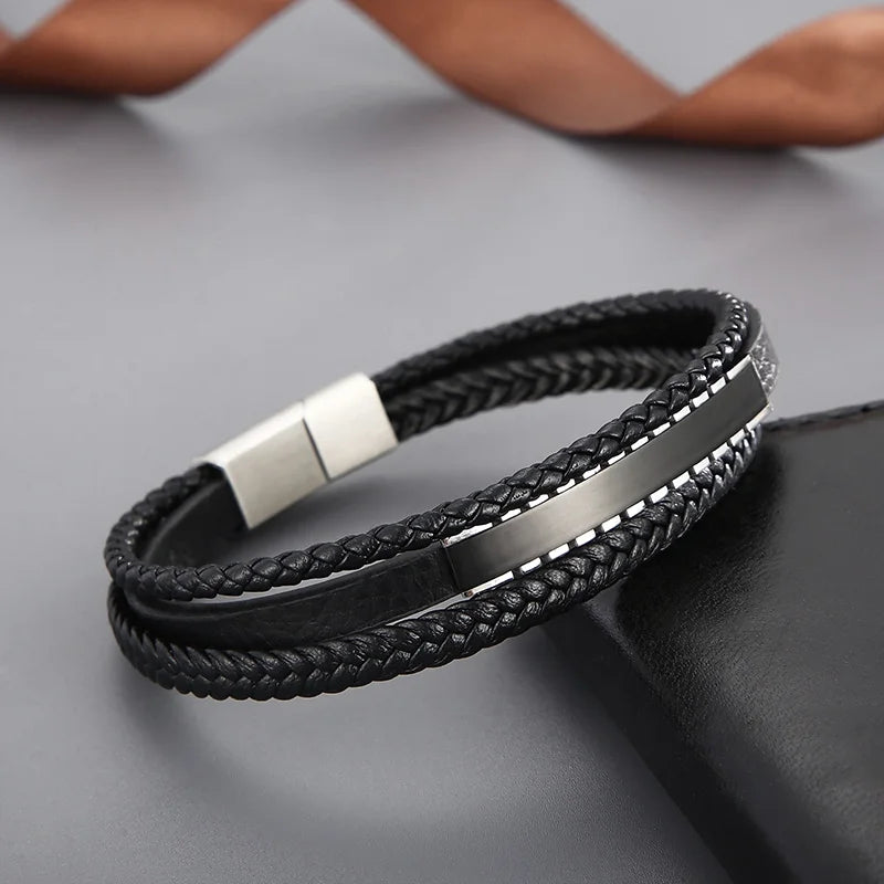 KALEN Unisex 220mm Causal Stainless Steel&Fibre Bracelet With Custom Plate