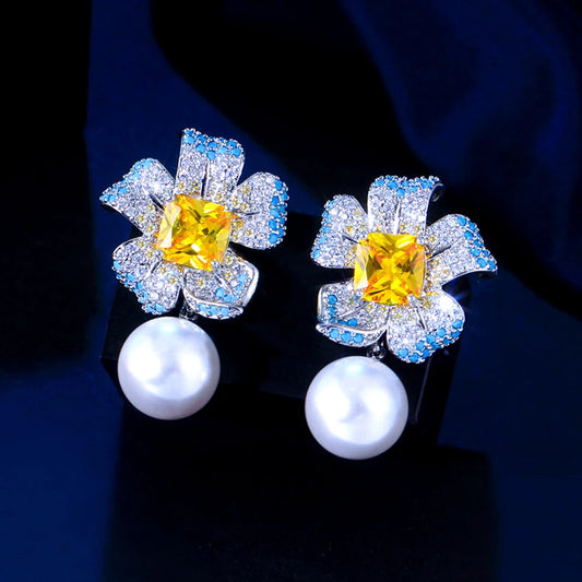 Women Elegant Jewelry Multicolor Cubic Zirconia Artificial Pearl Turquoise Big Flower Drop Earrings for Bridal Valentine's Day