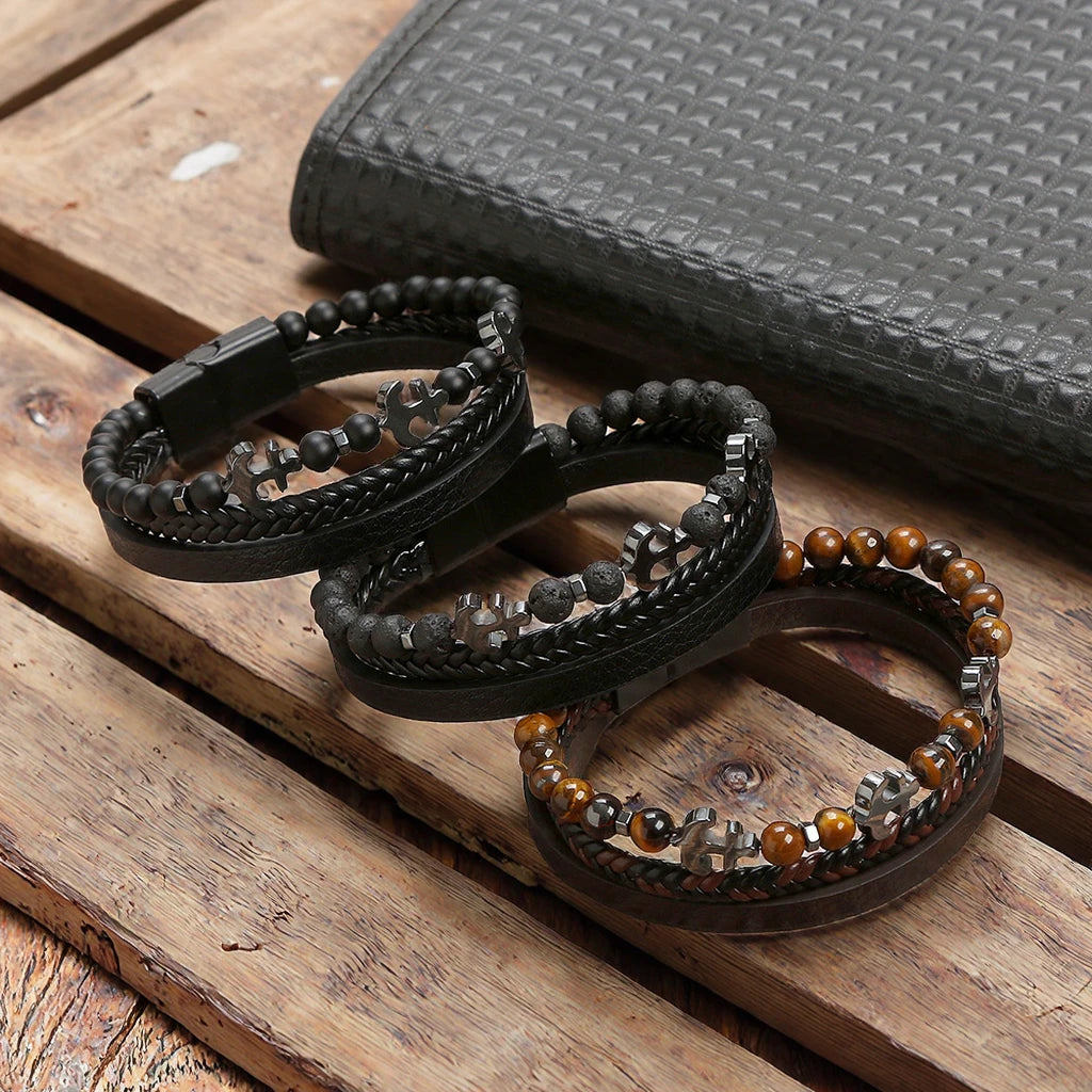 Fashion Jewelry Tiger Eye Beaded Bracelet Stainless Steel Magnet Leather Handmade Natural Gemstone Punk Bracelet for Men Jewelry