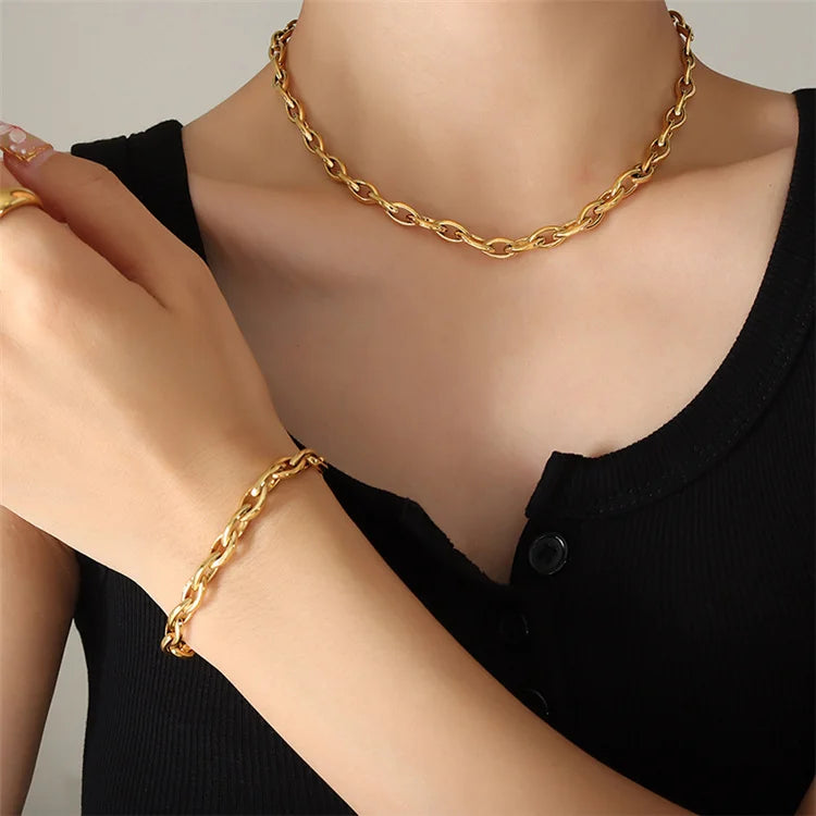 S&S Fasion Luxury Jewellery Women Copper Jewelry Set Thick Link Chain Necklace and Bracelet Hip Hop Trend Simple Gift Opp Bag