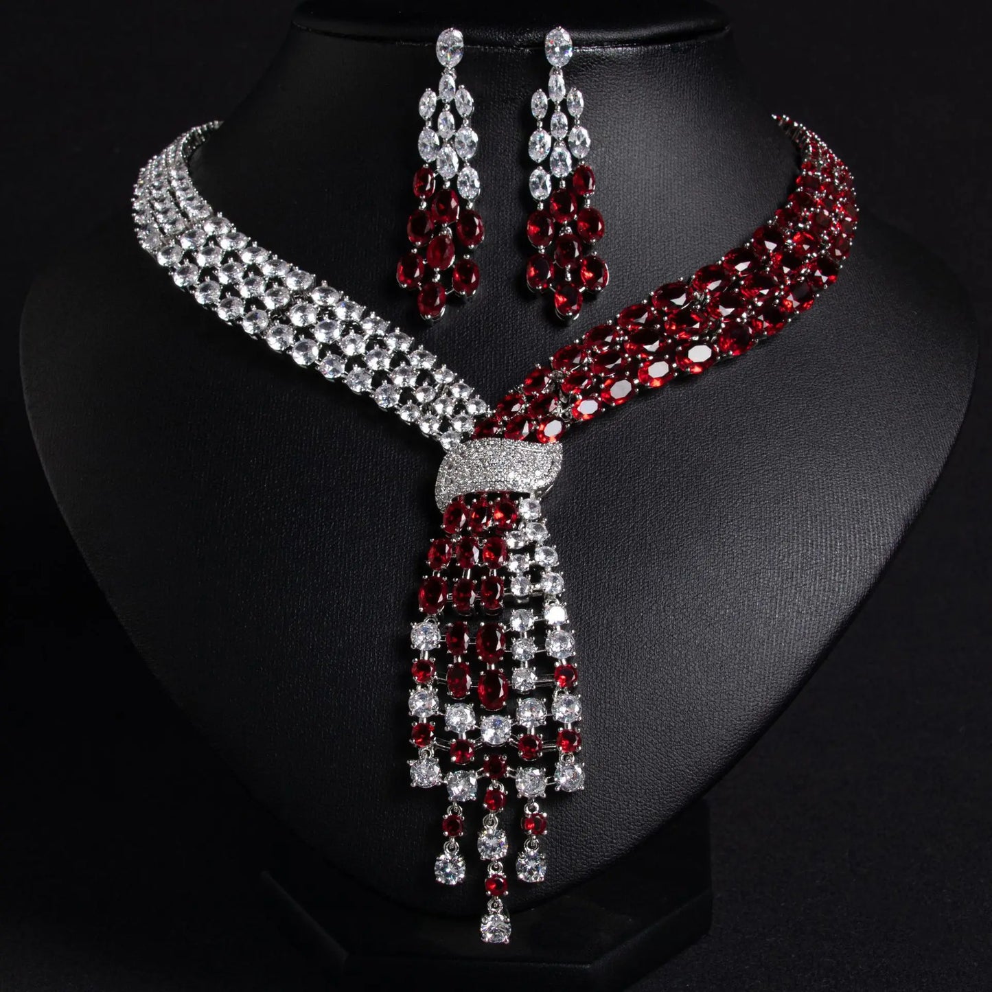 Luxury Oval-Cut Zirconia Dubai & Moroccan Tassel Statement Necklace & Earrings Bridal Set — Gold & Rhodium Plated