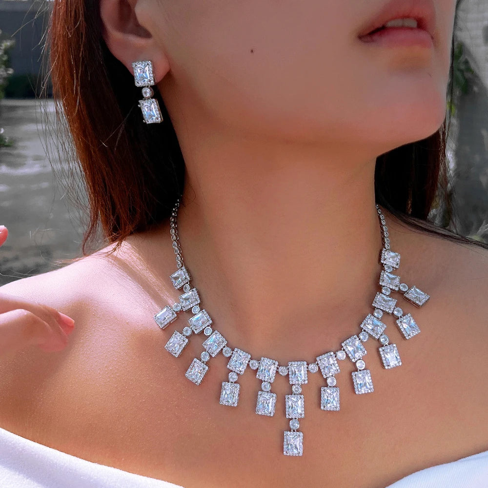 High Quality Luxury Necklace and Earrings Brass Square Cubic Zirconia White Tassel Jewelry Set for Women Wedding Bridal Jewelry