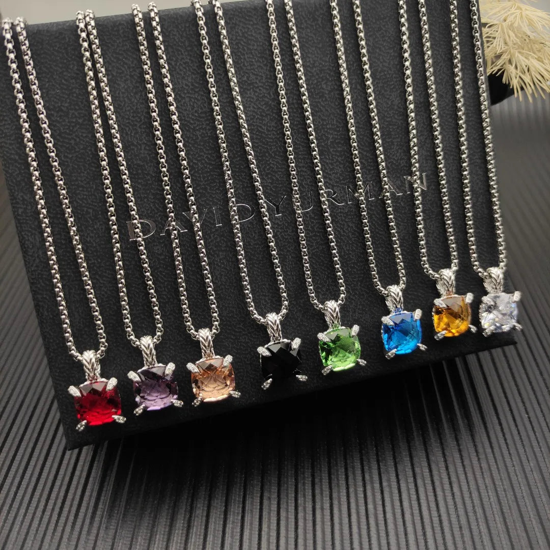 Gemfiori DY High-Quality Silver-Plated 11mm Four-Prong Diamond Necklace. Gold-Plated Colored Gemstone Necklace. Jewelry.