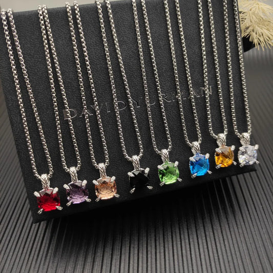 Gemfiori DY High-Quality Silver-Plated 11mm Four-Prong Diamond Necklace. Gold-Plated Colored Gemstone Necklace. Jewelry.