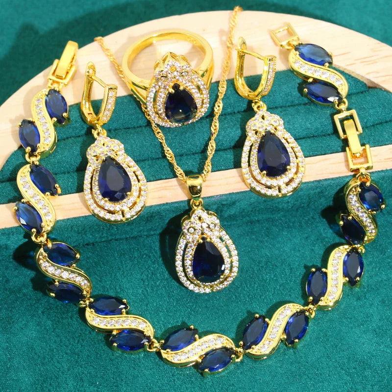 XOTICA Blue Zircon Jewelry Set for Women Gold Color Earrings Necklace Pendant Ring for Party Wedding Great Birthday Gifts for Friends