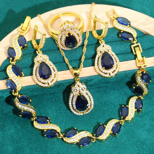 Blue Zircon Jewelry Set for Women Gold Color Earrings Necklace Pendant Ring for Party Wedding Great Birthday Gifts for Friends