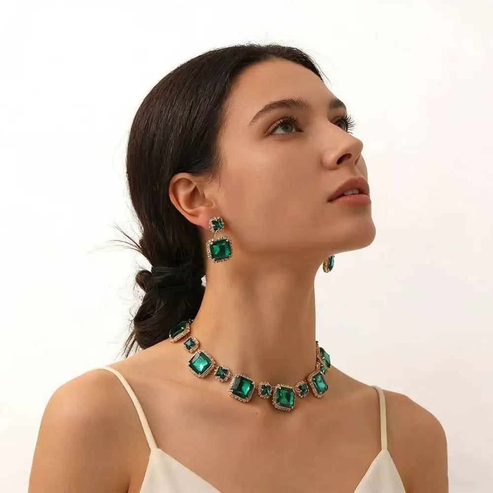XM S90 New Luxury Crystal square Gemstone Jewelry Set Necklace Wedding Party Rhinestone Necklace Earring Set