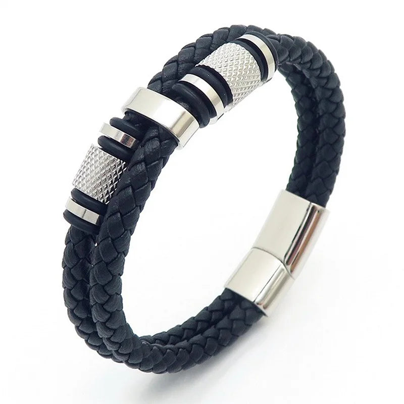 KALEN 210mm Men Vintage Multiple Style Stainless Steel&Cowhide Leather Bracelets