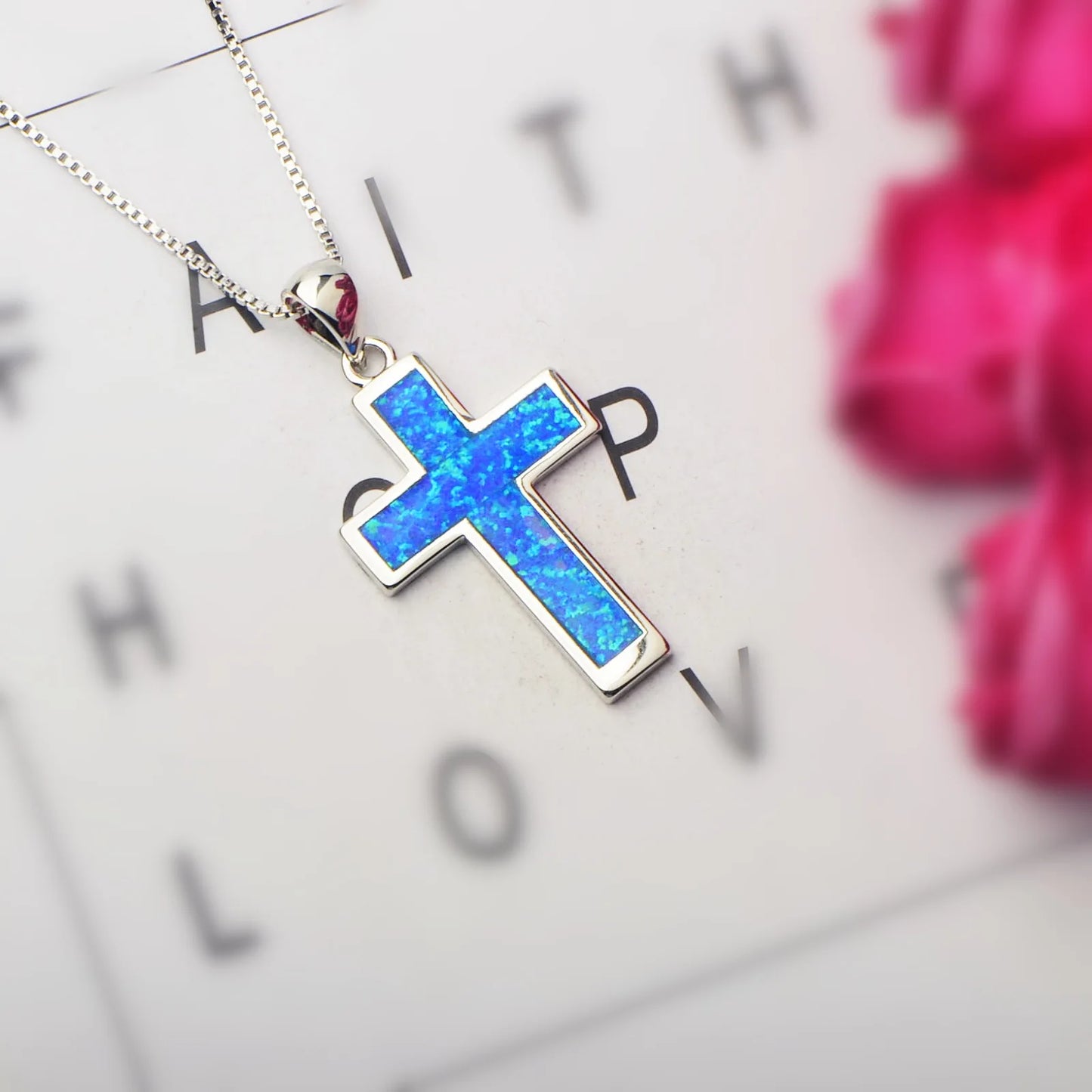 Blue Opal Cross Pendant | Silver Christian Jewelry Necklace
