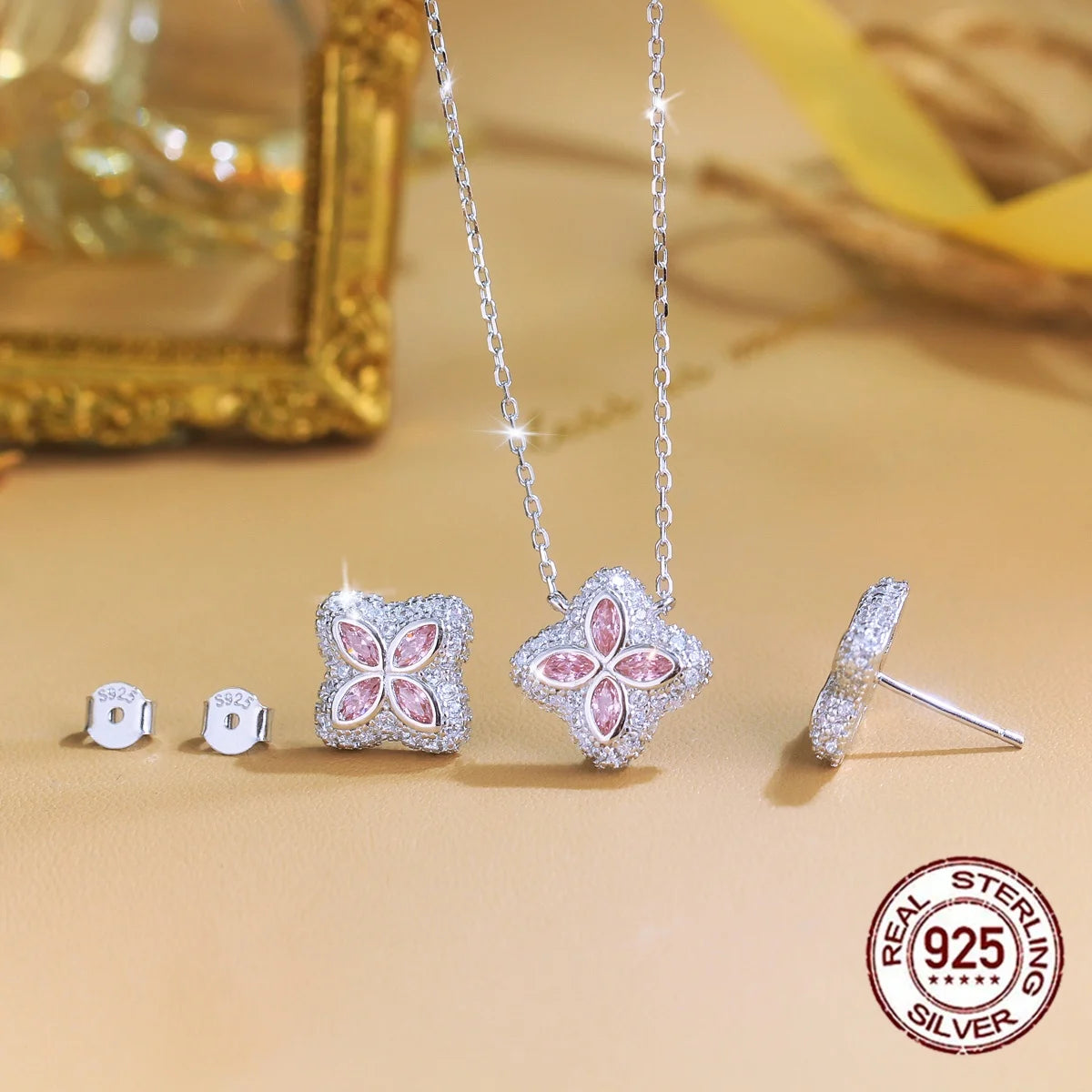 Sparkling Pink CZ 925 Sterling Silver Necklace and Earrings Bridesmaid Lucky Four Leaf Clover Jewelry Set for Women Daily Wear