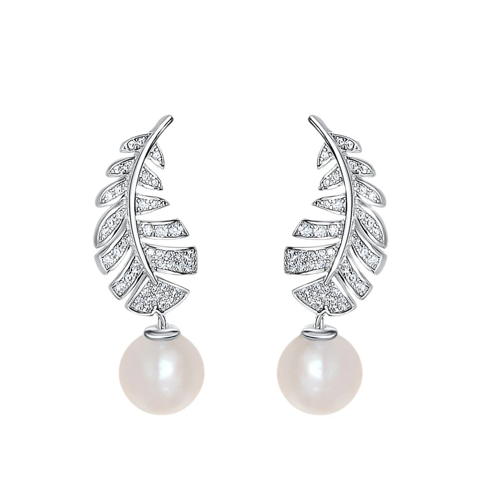 MUSHAN Jewelry Factory Feather Personality and Temperament Women 8mm White Beaded Earrings High Carbon Diamond Earrings