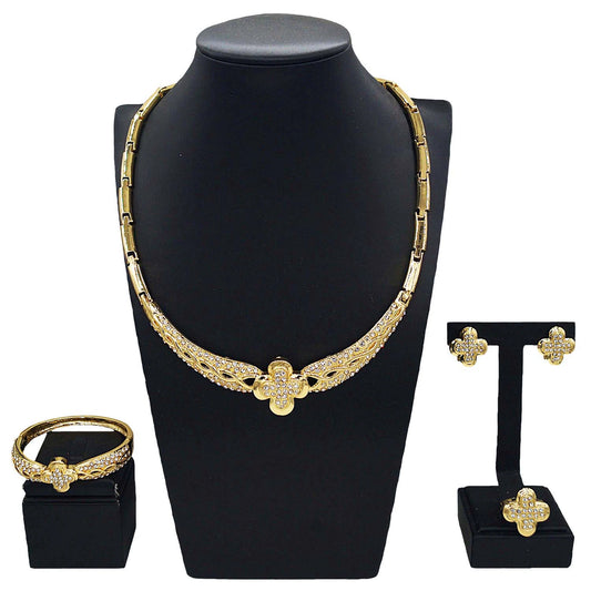 Zhuerrui Fashion Diamond-Encrusted Jewelry Four Sets of New Four-Leaf Clover Flower Shape Sweet High-Grade Fine CraftHA240503