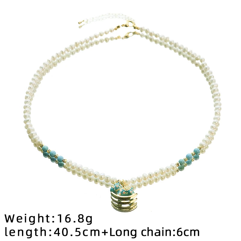 Natural Freshwater Pearl Blue Rocking Horse Jewelry Set for Women Birthday Gift Necklace Bracelet Earrings Ring Dainty Jewelry