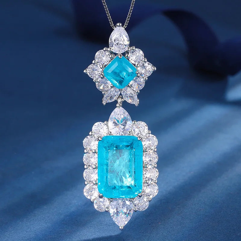 Gemfiori Light Luxury Niche High-end Jewelry Ice Flower Crack Blue Zirconium Pendant Ring Set Creative and Personalized Design