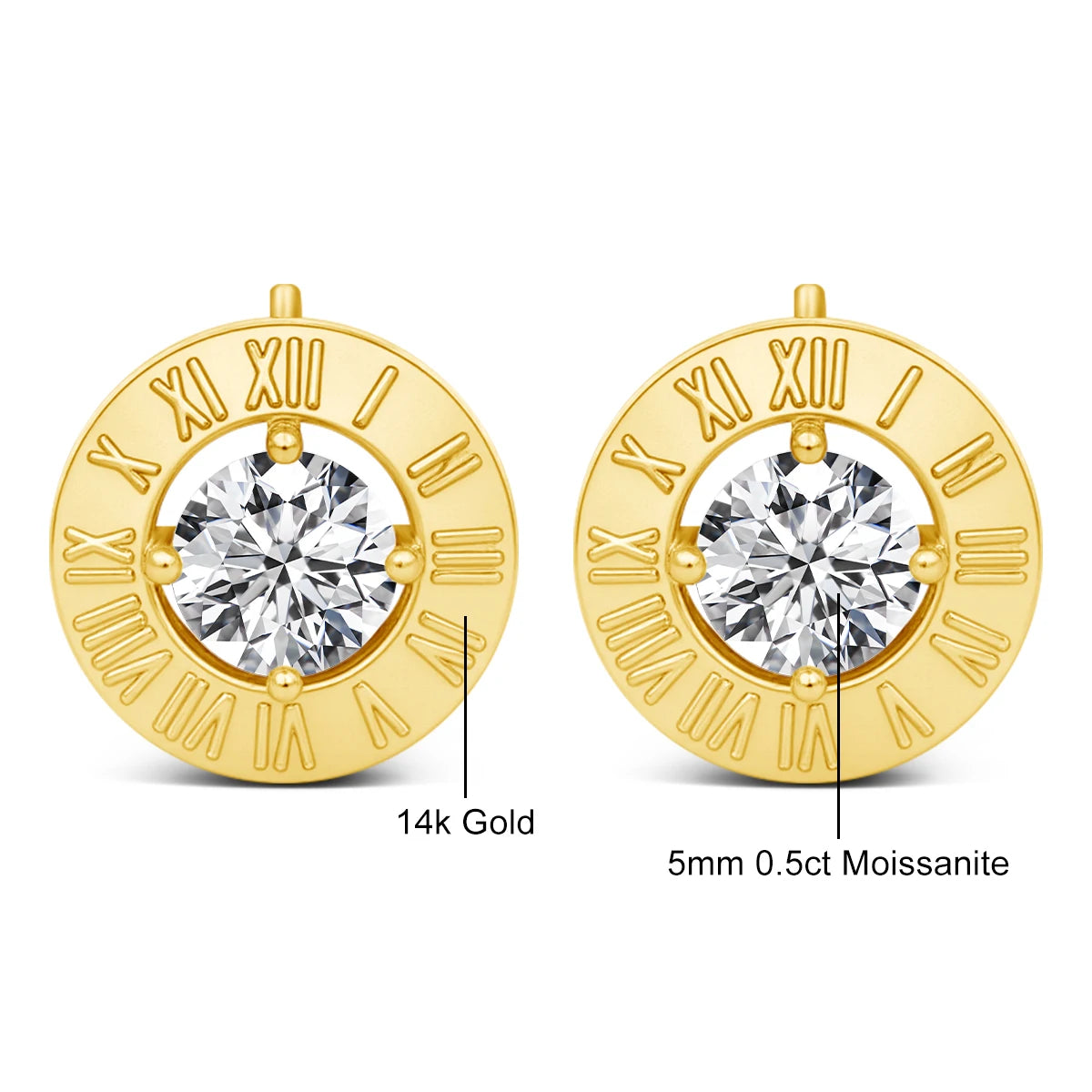 Gioiellieri Quality Jewelry Women's Valentine's Day Gift Hollow 14K Gold 5mm 0.5ct Round Moissanite Classic Roman Numeral Stud Earrings