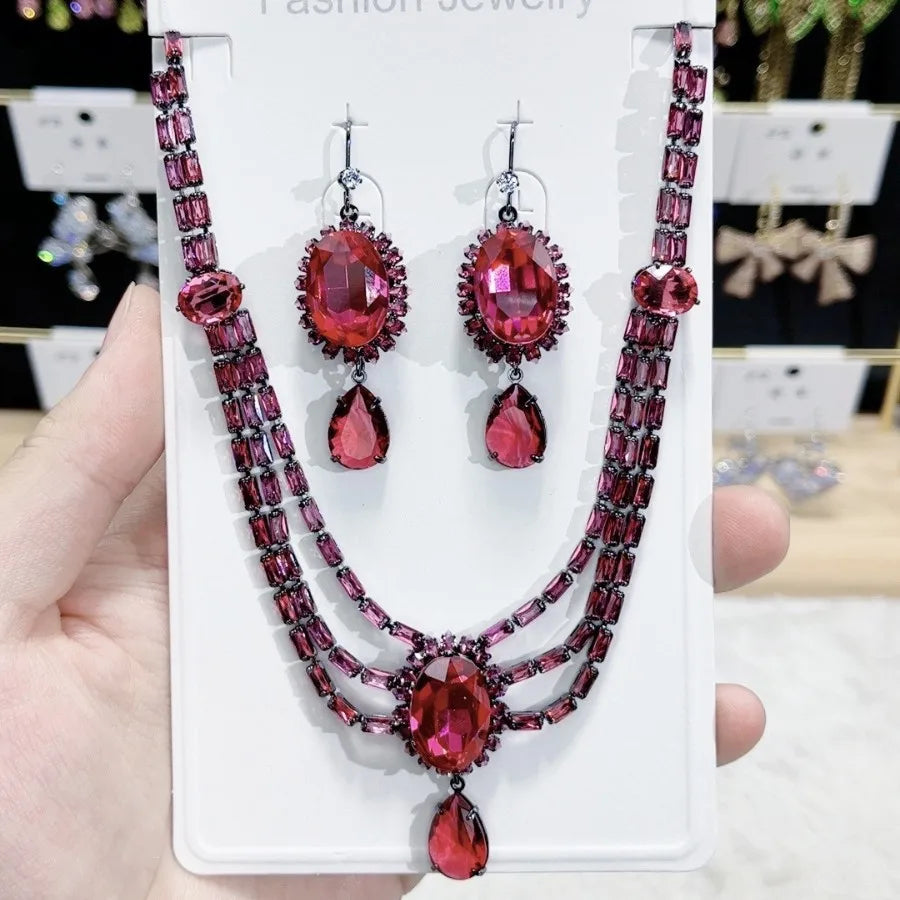 K086 High End Women Exquisite Luxurious Geometric Red Zircon Bridal Necklace Earrings Set Wedding Elegant Jewelry Set