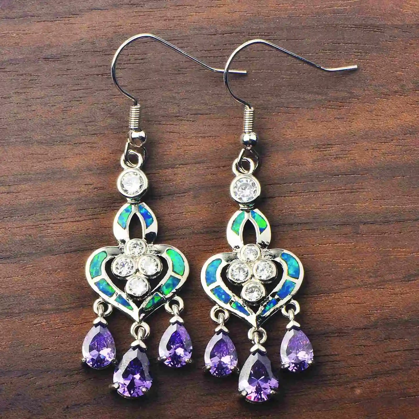 Ornate Heart Opal & Amethyst Drop Earrings - Blue Opal Inlay & Purple Gem Tassels | Glam Party Jewelry Bulk Gifts
