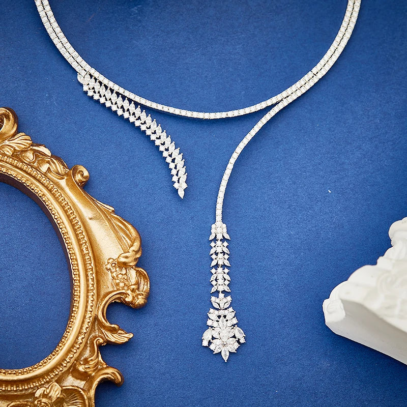 Minimalist Style Wheat Shaped Necklace Earring Two-piece Set Purchase Brass Zirconia Jewelry Accessories Online