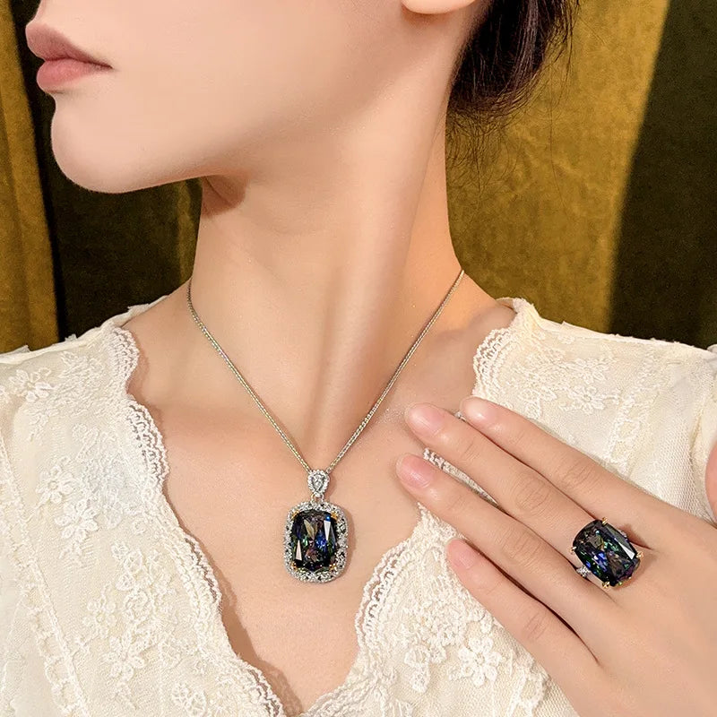 REDheart Fashion Fat Rectangular Gold Plated Zircon Two-Color Pendant Set with Copper Inlaid Zircon for Women's Wedding Party