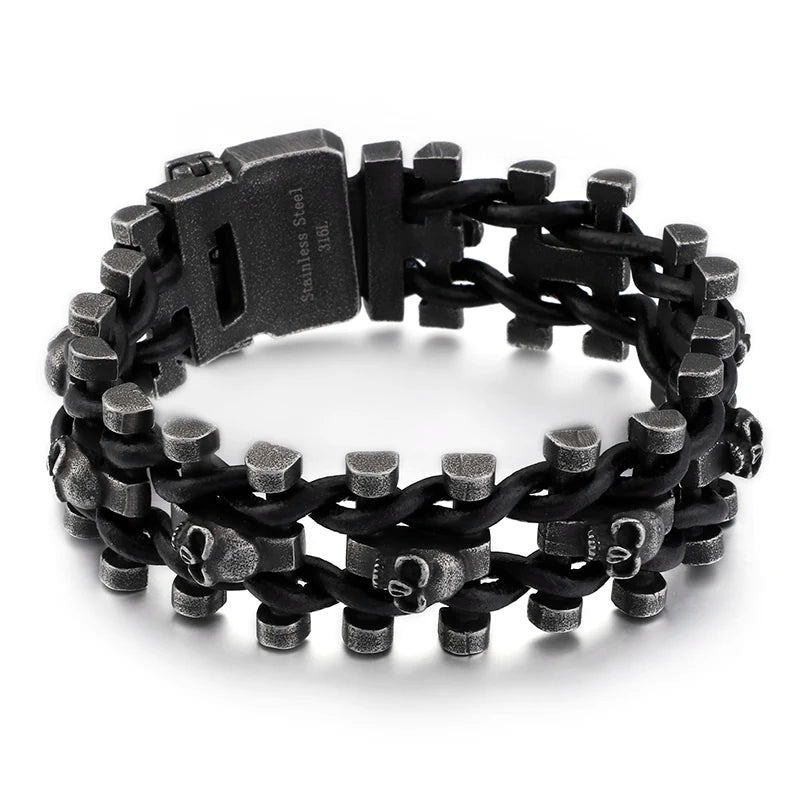 VIKING Mens Punk Skull Skeleton Link Bracelet – Oxidized Stainless Steel