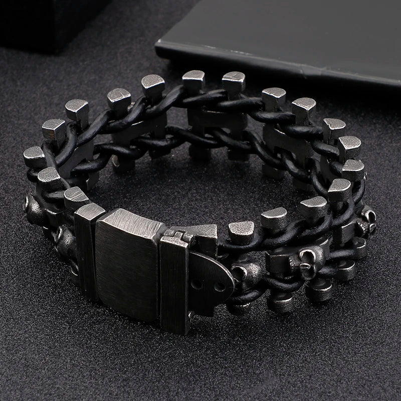 VIKING Mens Punk Skull Skeleton Link Bracelet – Oxidized Stainless Steel