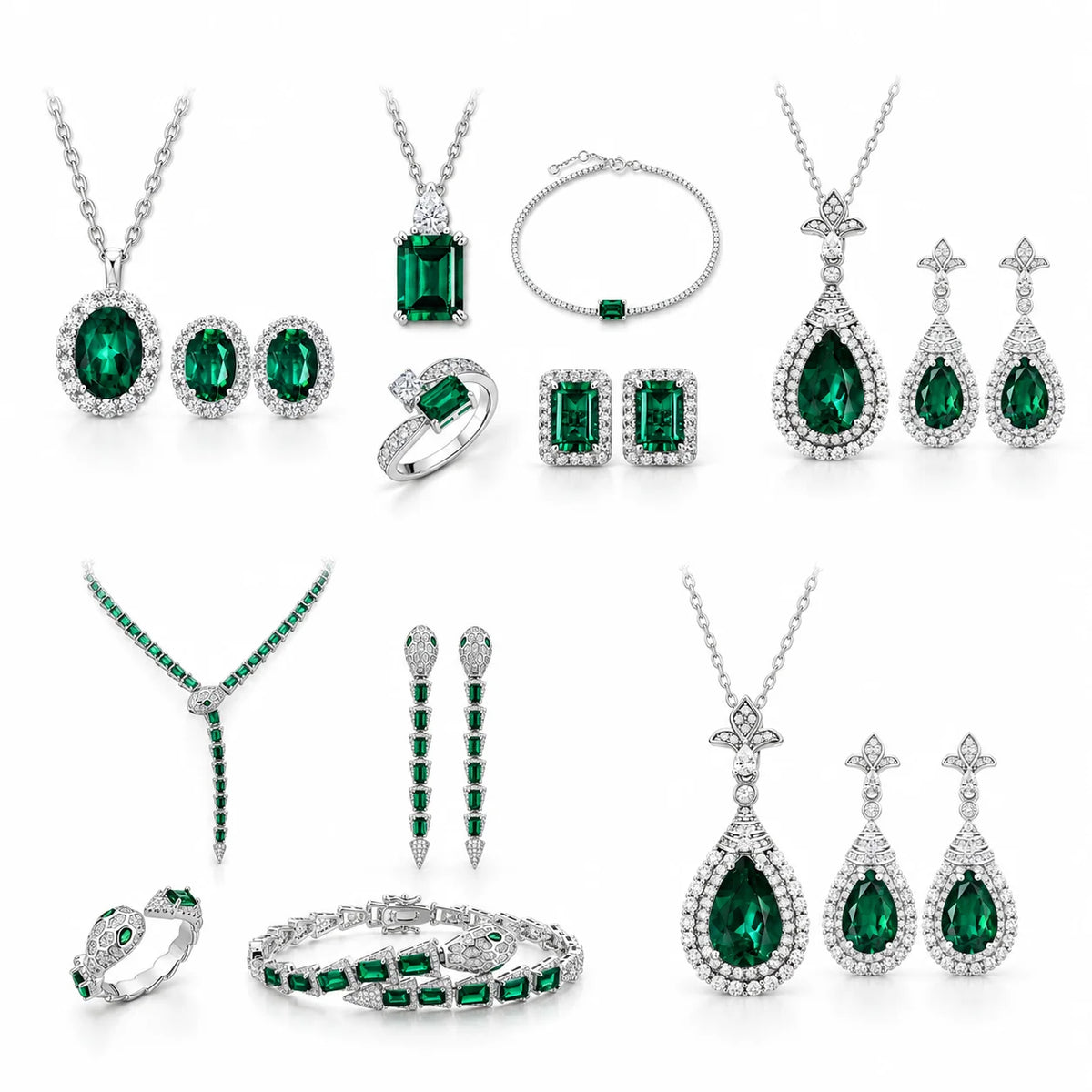 REDheart Lab Grown Emerald Ring Earring Necklace Set High Quality Gemstone Jewelry Set 925 Sterling Silver