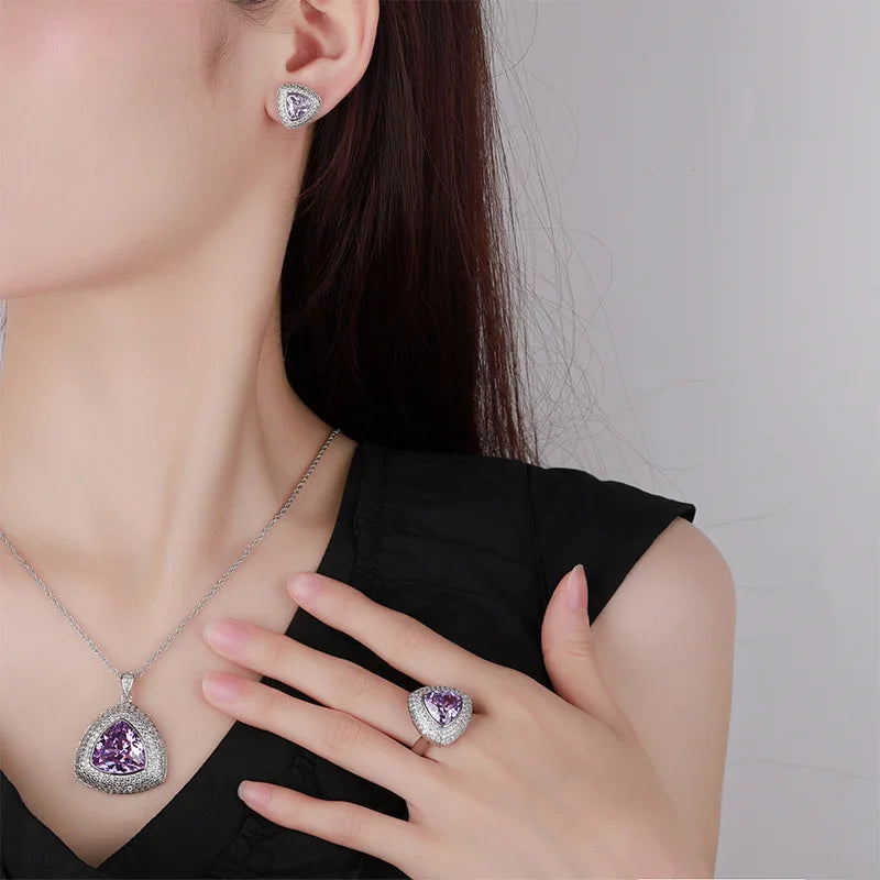 Gemfiori Jewelry Set for Women Fashion Purple Zircon Brass Gold-plated Inlaid Shiny Zircon Set Ring Necklace Earrings