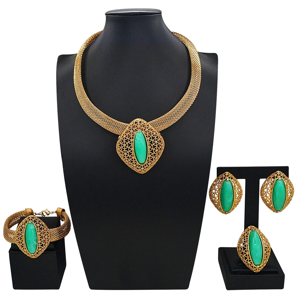 Zhuerrui Gold Plated Jewelry Set for Fashion Women Green Crystal Pendant Necklace Party Wedding Luxury Accessories HC25003
