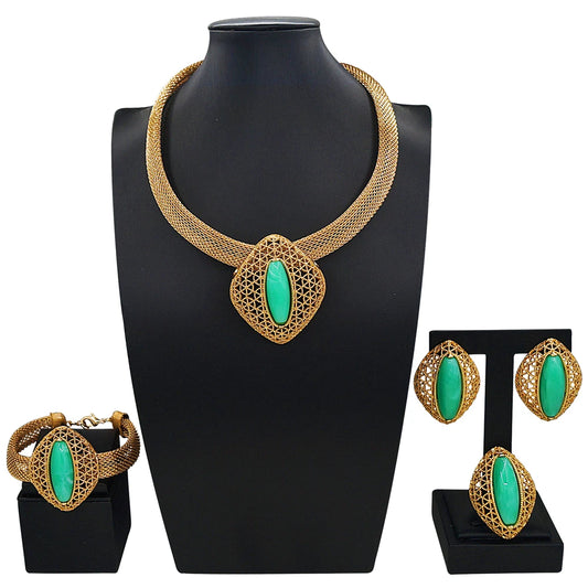 Zhuerrui Gold Plated Jewelry Set for Fashion Women Green Crystal Pendant Necklace Party Wedding Luxury Accessories HC25003