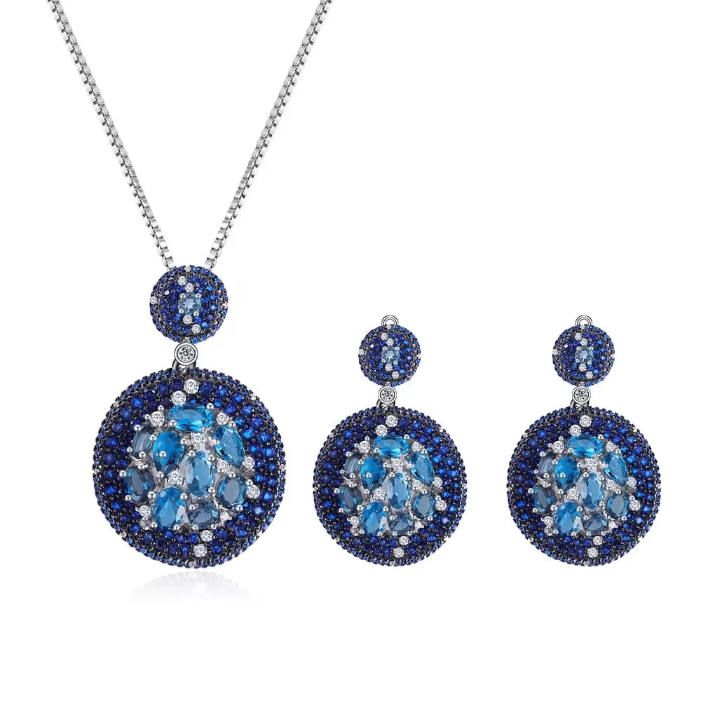 ArtistA W0420 Abiding Bohemia Style Natural London Blue Topaz Real 100% Sterling Silver 925 Necklace & Earrings Jewelry Set for Gift