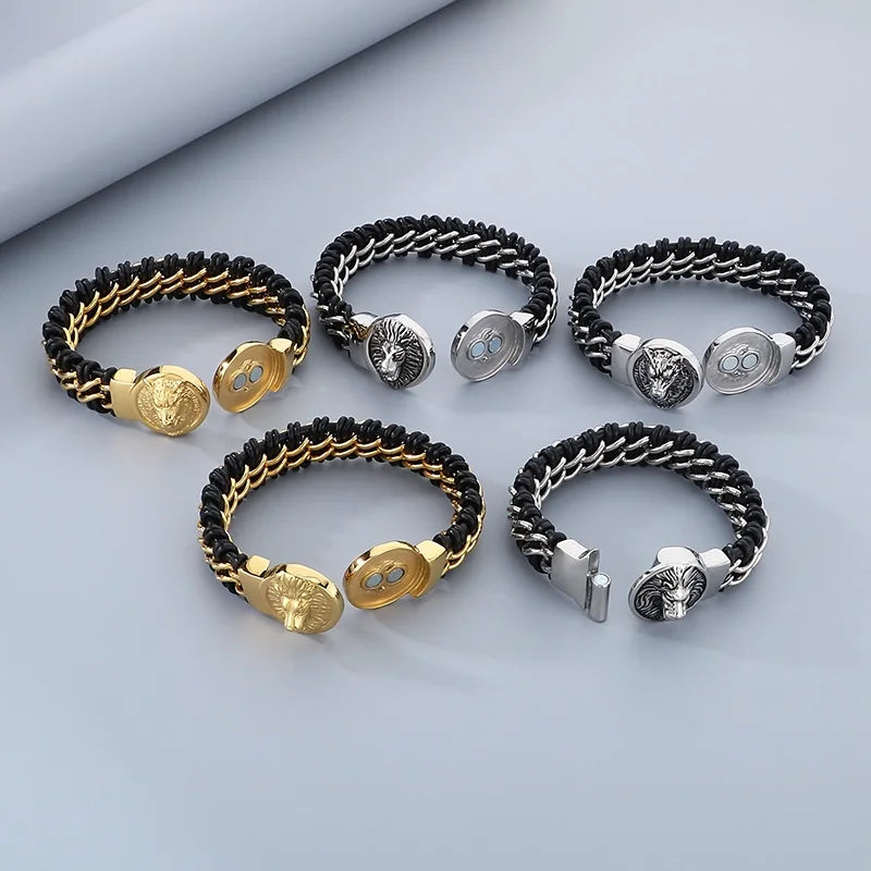 REBEL Fashion Mens Fashion Punk Stainless Steel Bracelet Lion/Wolf Link Chain Bracelet