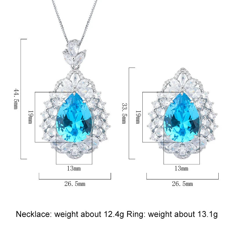 Gemfiori Luxury Pear Cut Gemstone Pendant Necklaces with Matching Ring Double Halo Design Elegant Statement Accessory for Wedding Jewelry