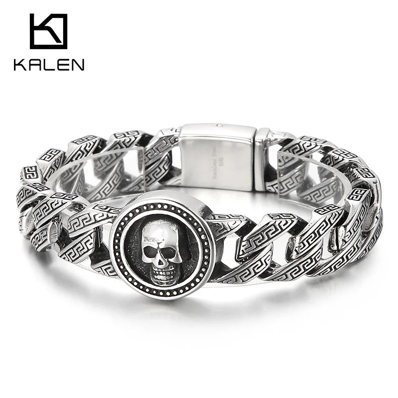 VIKING Mens Punk Skull Pattern Link Bracelet – Silver Stainless Steel