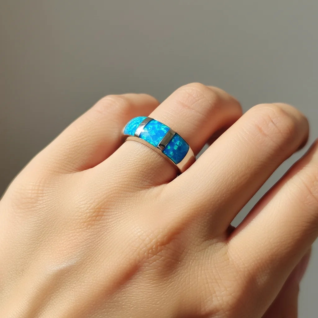 Geometric Overlay Opal Open Ring | Blue/Iridescent Gem Inlay  Band | Nature-Themed Fashion Jewelry for Women