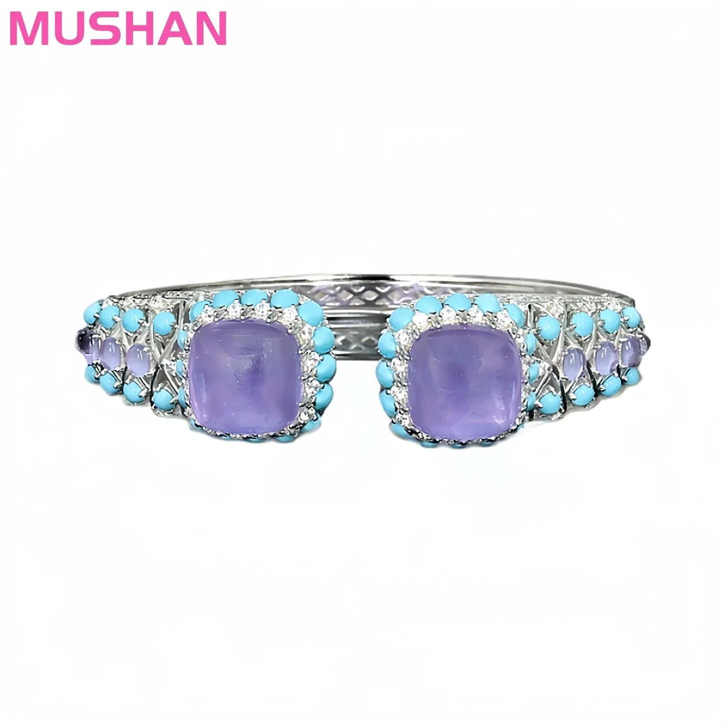 MUSHAN Jewelry Factory s 925 Sterling Silver Cuff Bangles Women High Carbon Diamond Blue Turquoise Amethyst Bangle Bracelets