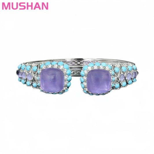 MUSHAN Jewelry Factory s 925 Sterling Silver Cuff Bangles Women High Carbon Diamond Blue Turquoise Amethyst Bangle Bracelets