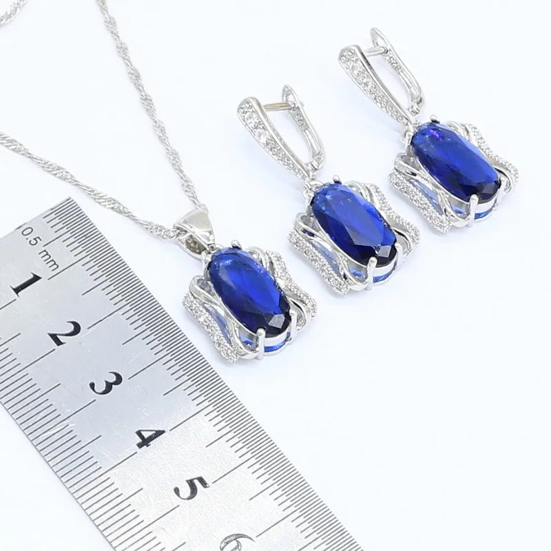XOTICA Blue Semi-Precious 925 Sterling Silver Jewellery Set for Women Wedding Bracelet Earrings Rings Necklace Pendant-for Party Gift