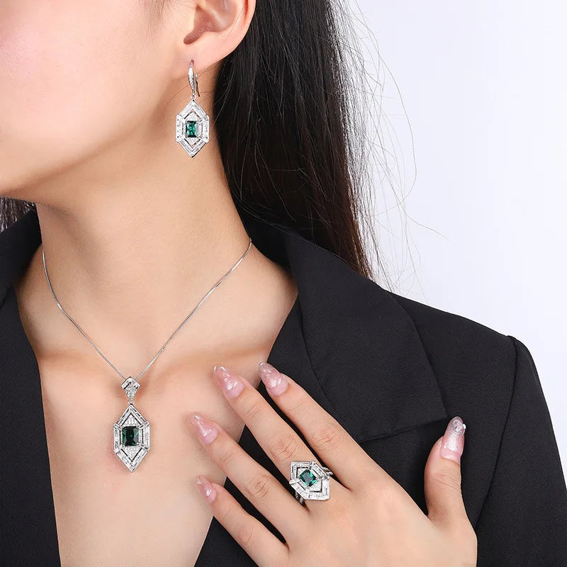 Gemfiori French Style Light Luxury Palace Emerald Zircon Pendant Ring Earrings Retro Niche Design Set