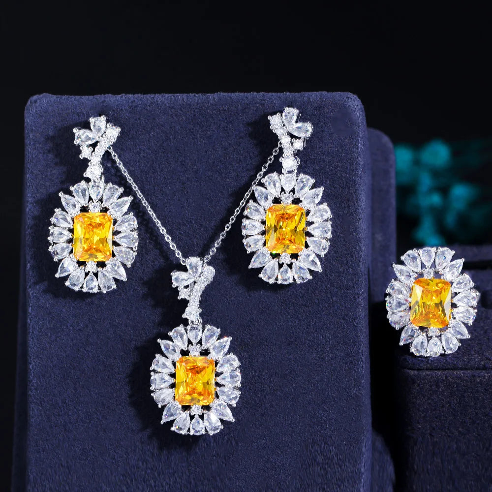 S&S Oval CZ 3-Piece Jewellery Set – Necklace, Earrings & Ring – 7 Colours – Collection