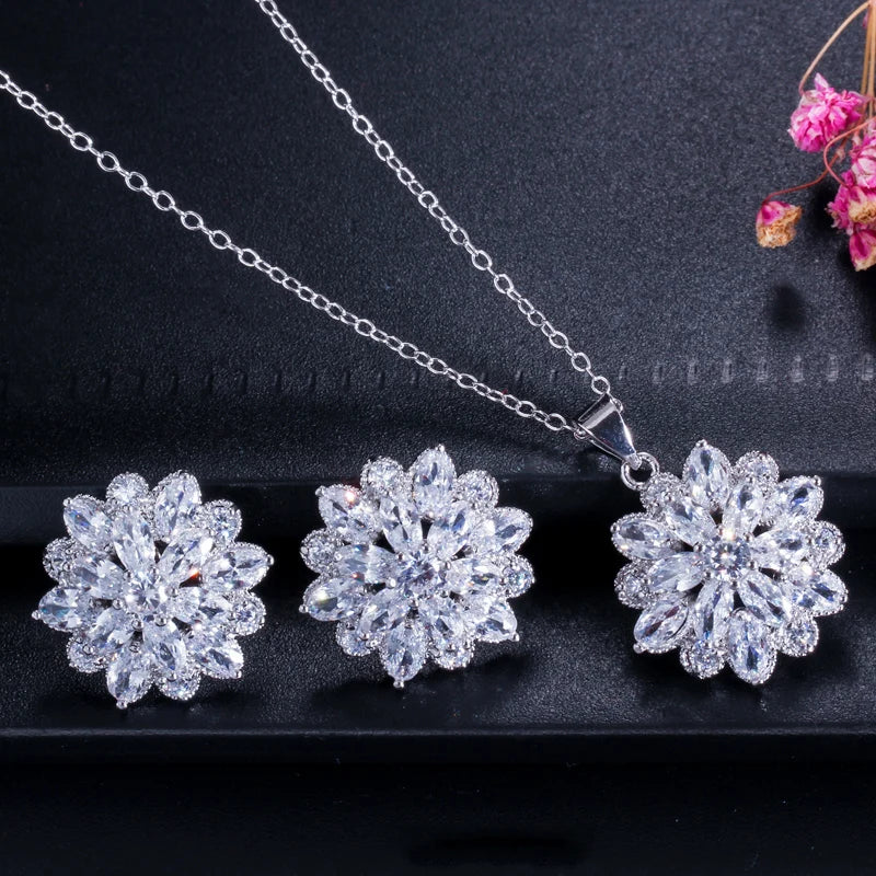 Sparking Clear White CZ Stone Rose Gold Color Women Flower Shaped Stud Earrings and Necklace Jewelry Set for Lady Fashion Gift