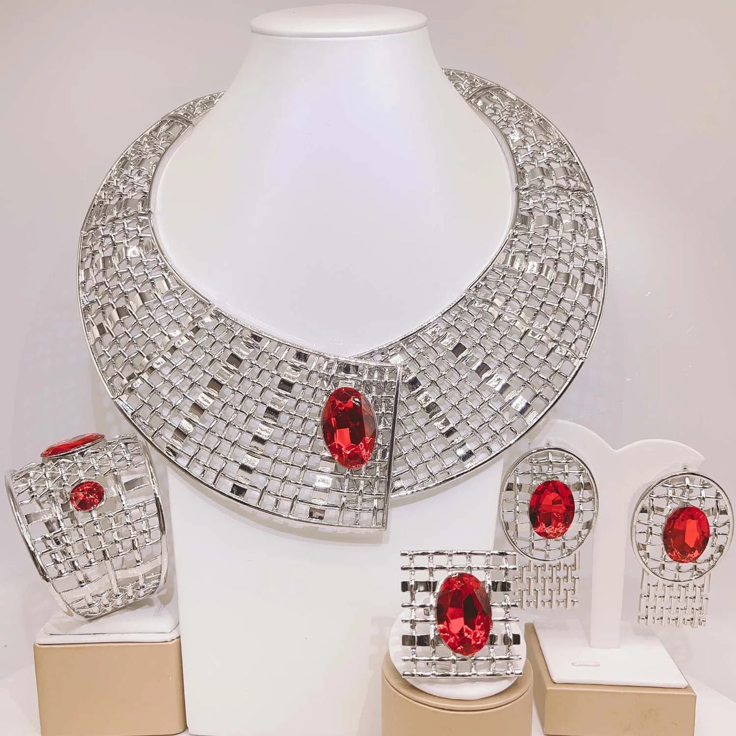 Zhuerrui Factory Bridal Gold Jewelry Sets Latest Silver Red Diamond Necklace Jewelry Set Fashion Woman Festival Gifts H20177