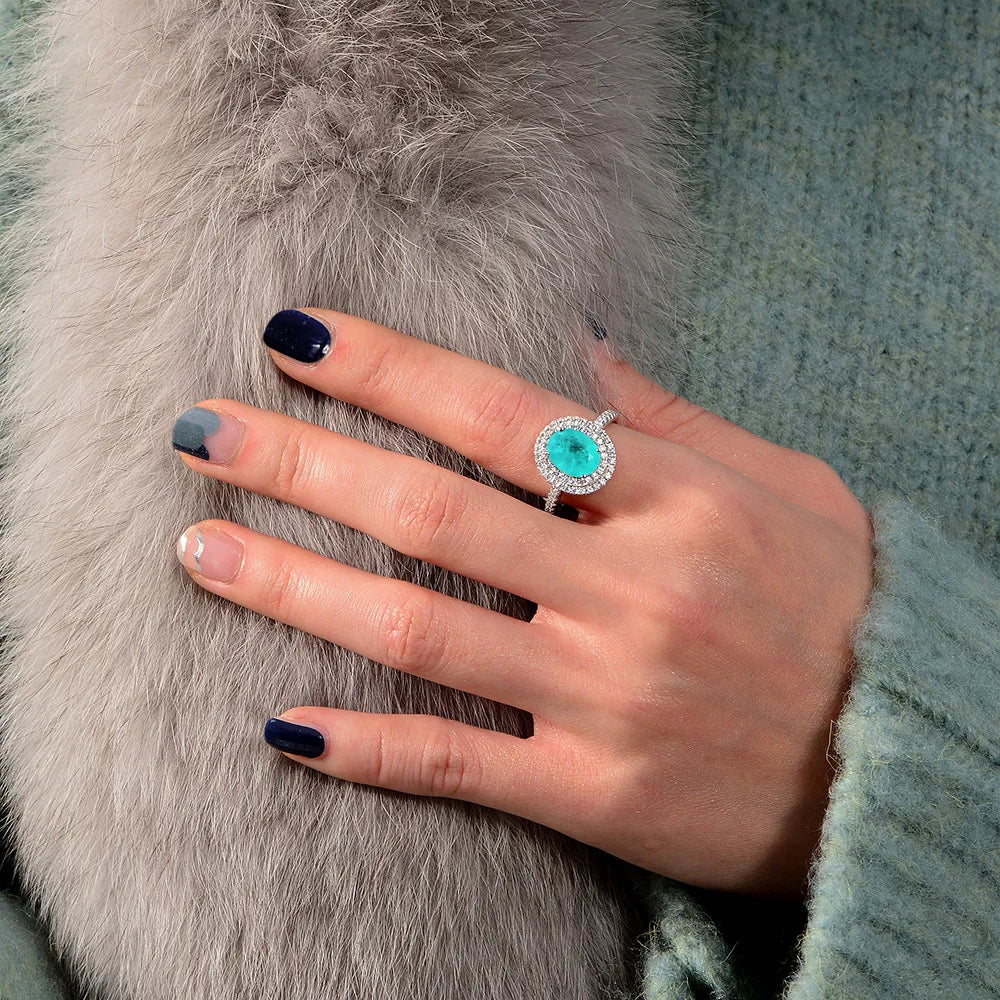 MUSHAN Jewelry Factory 3 Carat Pigeon Egg 8*10 Paraiba Blue Imitation Gemstone Ring S925 Sterling Silver Women Diamond Ring