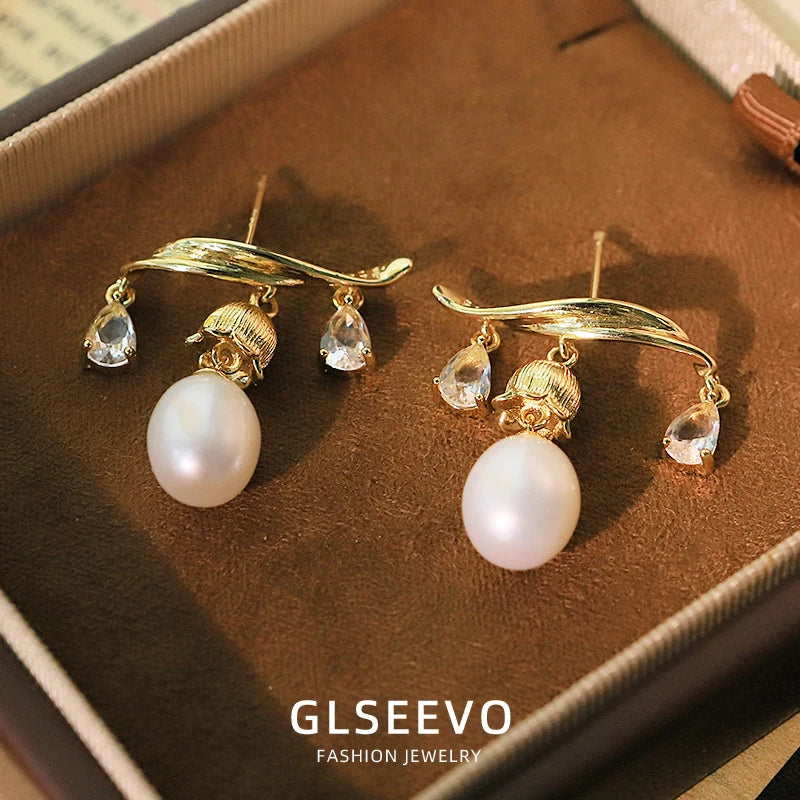 Natural Freshwater Pearl Tassel Lily of the Valley Crystal Earrings Vintage Style Earrings Get Married  Ladies Jererly GE1752