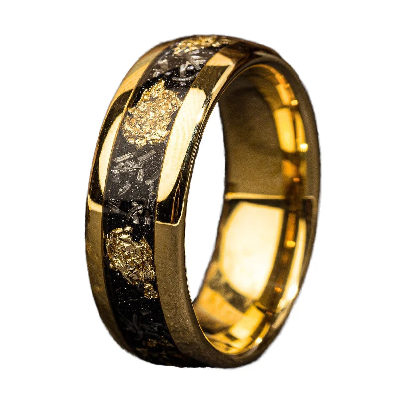 Tungsten carbide Classic Ring Personalized Yellow Gold Natural Stone Broken Gold Foil Meteorite Unisex Engagement Wedding Band