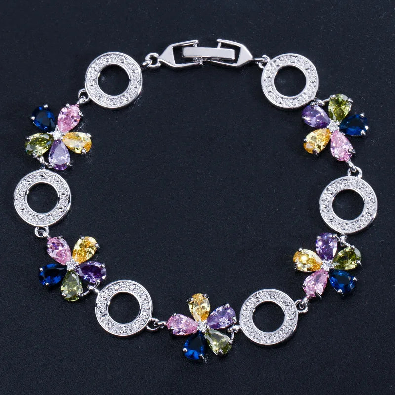 Women's Trendy Floral Design AAA Zirconia Beaded Bracelet 925 Silver Stamped Geometric Jewelry Platinum Plated Gift for