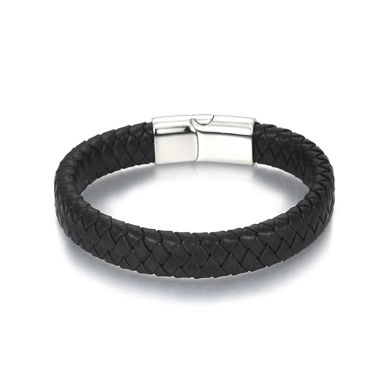 KALEN 13mm Width Men Mature Gold/Silver/Black Stainless Steel&Cowhide Leather Bracelet