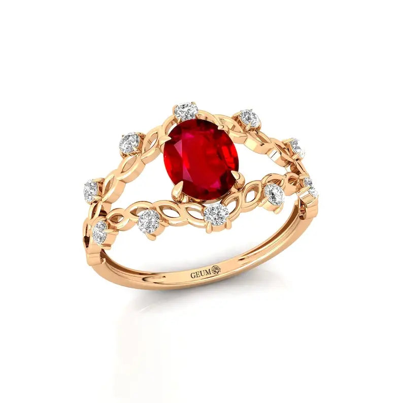 14k Gold Oval Cut Lab Grown Ruby & Real Diamond Statement Rings Luxurious Fine Jewelry Birthstone Unique Boho Design Gold Ring