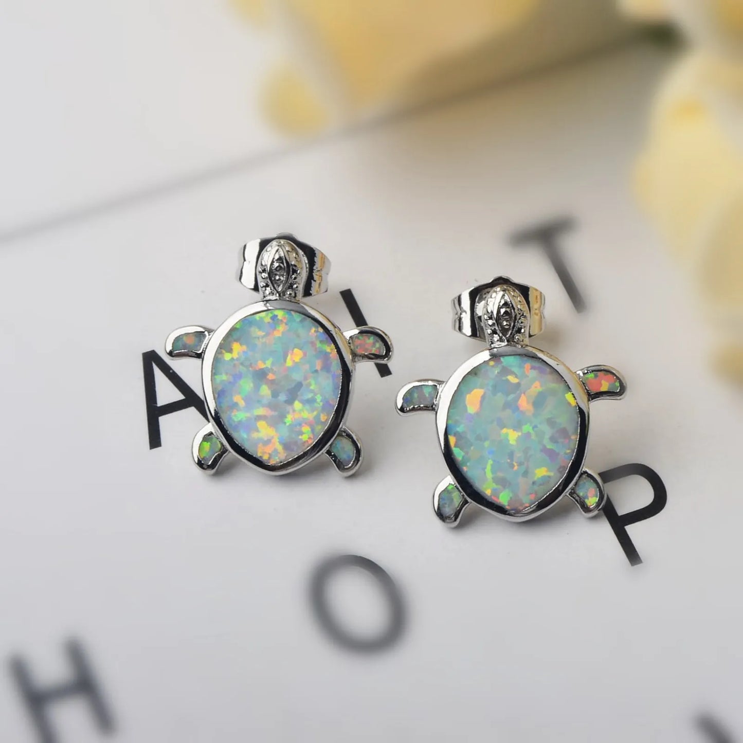 Aobao Style Water Drop-shaped Alloy Sea Turtle Earrings Opal Studs Cute Girls' Gem Jewelry