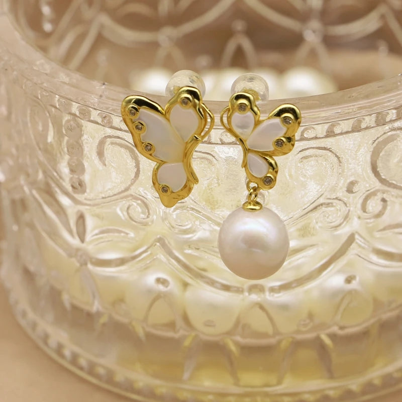 Natural Freshwater Pearl 925 Sterling Silver Earrings High Quality  Butterfly Jewelry Pearl Accessories